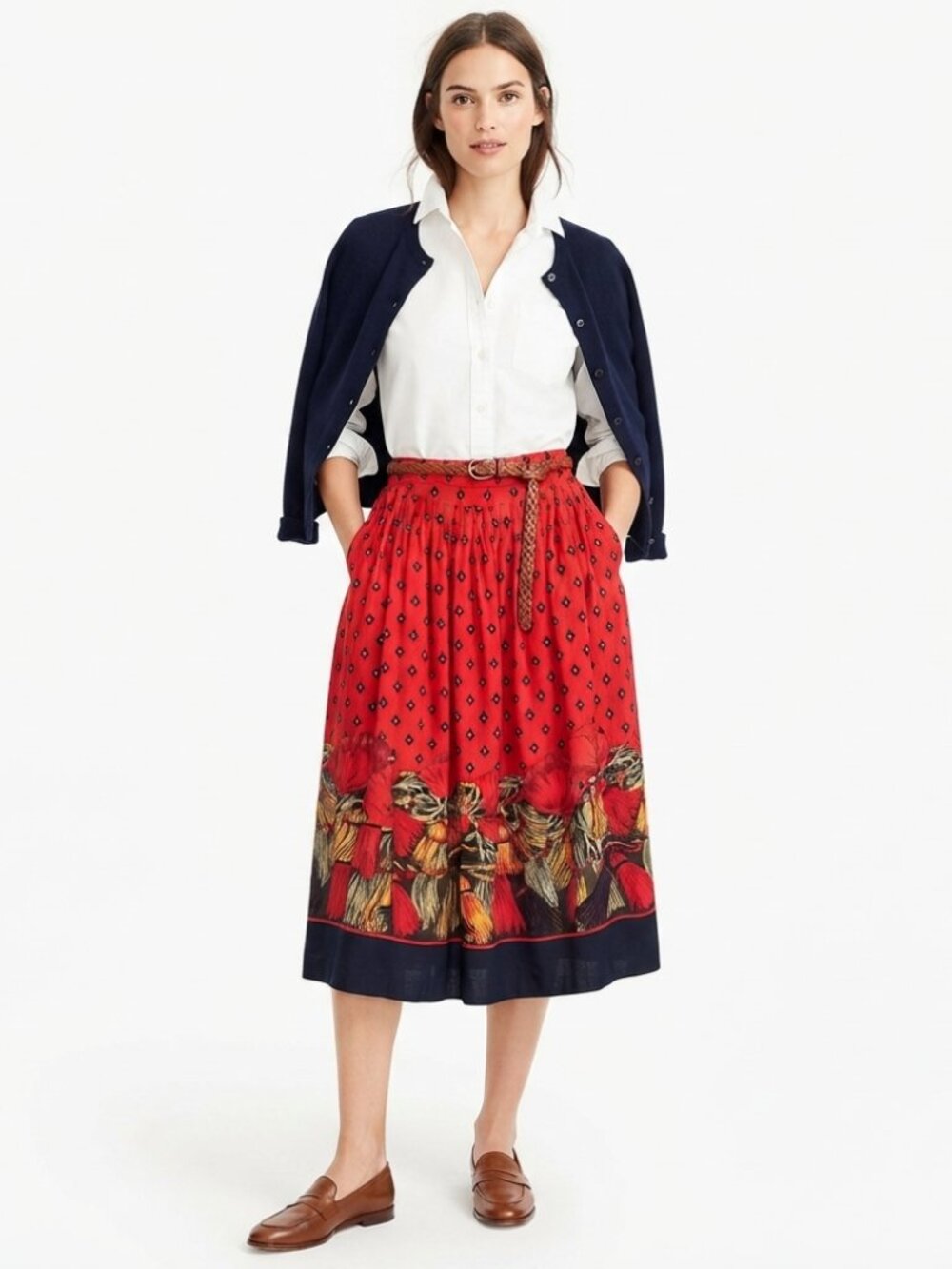 Vintage Russ Red Black Geometric Floral Tassel Midi Skirt Size 14 USA Made ILGWU